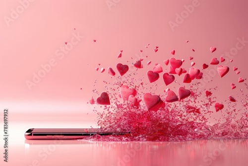 Cell phone with pink hearts falling out on pink background, with love you written Romantic Valentine's Day concept photo