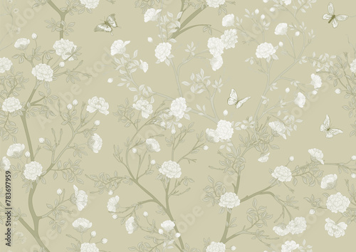 Blossom trees with flowers and butterflies. Seamless pattern, background. Vector illustration. In Chinoiserie, japandi, botanical style