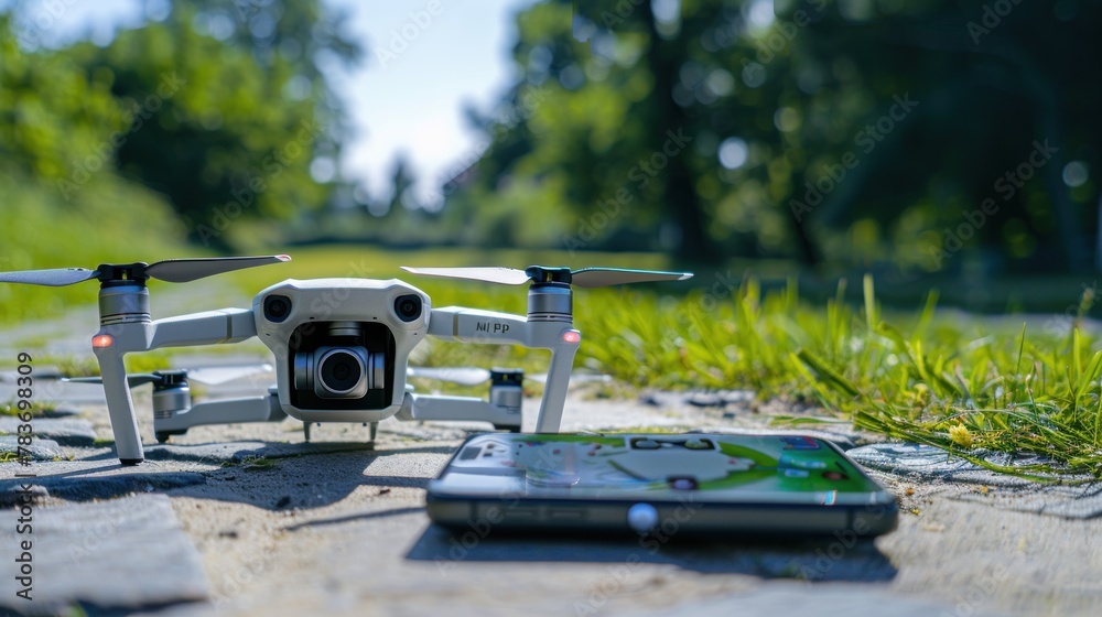 drone with controller and phone, Drone lying on the grass