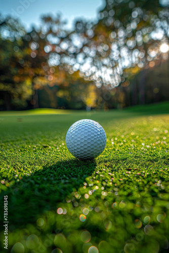Close-Up Golf Ball on Tee at Sunrise on Lush Green Course