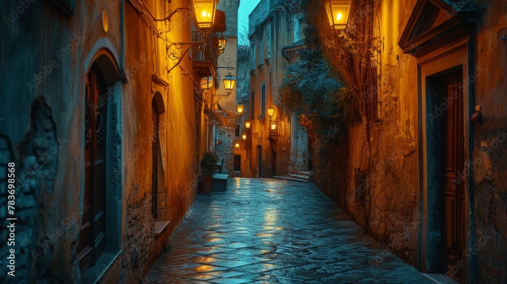 Deserted cobblestone street with glowing streetlights at night in an old town