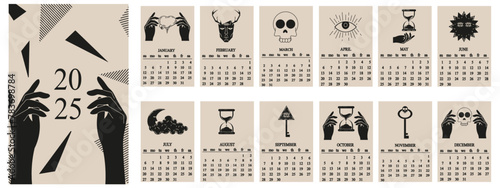 Illuminati 2025 Calendar Design with 12 sheets isolated white background. Template 2025 Calender in modern Geometric style. Mason element Annual Schedule. Magic Y2K Minimalism vector aesthetic 