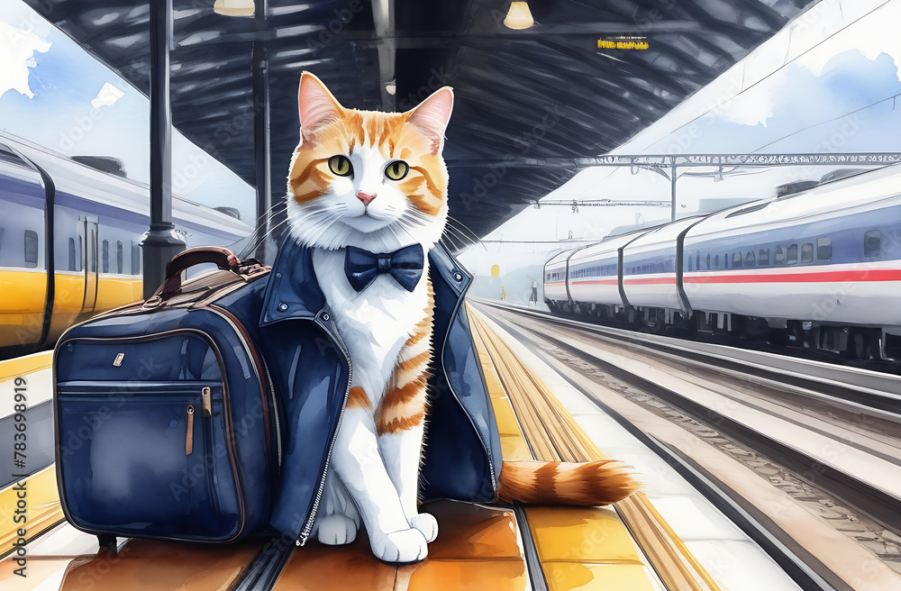 business cat in a bow tie and jacket with a suitcase sits at the station