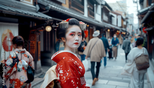 A geisha in a bright red kimono walks down the busy city street