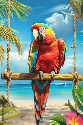 A vibrant parrot with colorful feathers is perched on a tree branch, showcasing its vibrant plumage against the green leaves. The bird appears relaxed and observant in its natural habitat