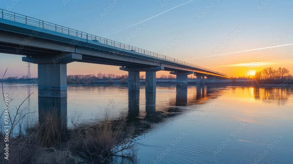 A massive car bridge spans the wide river, supported by a sturdy steel frame and concrete construction.