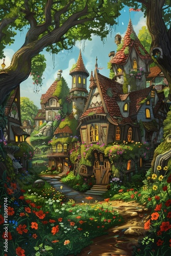 The painting depicts a charming village filled with vibrant trees and colorful flowers. The scene is alive with friendly gnomes going about their daily activities amidst the lush vegetation © Vit