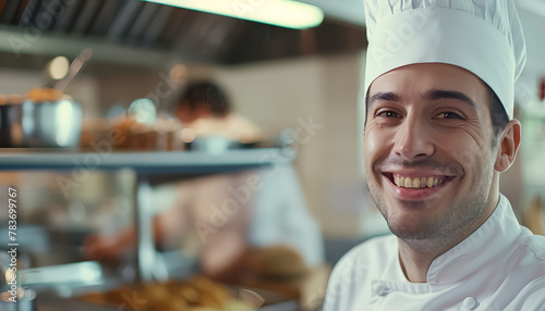 A smiling chef in a white hat stands in front of a kitchen counter with various