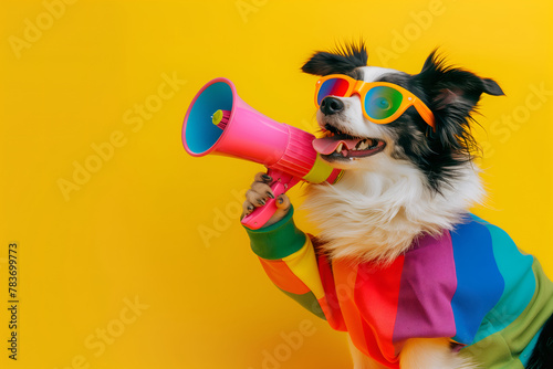 Fashionable dog announcing using megaphone. Notifying, warning, announcement. photo