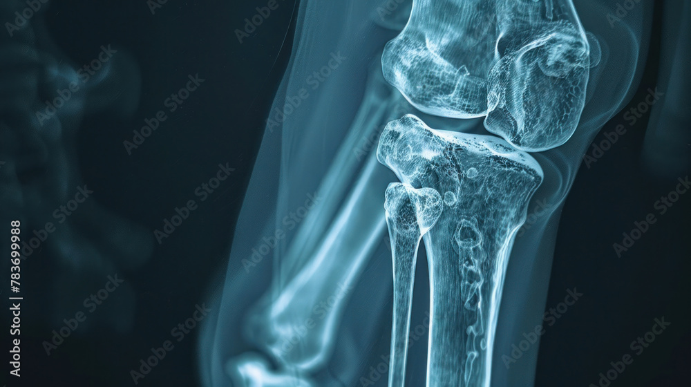 A fractured tibia is evident on the X-ray, displaying a clear disruption in the bone structure. A fractured tibia is evident on the X-ray, displaying a clear disruption in the bone structure.