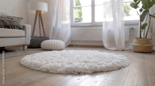 A white shaggy carpet adorns a brown wooden floor, creating a cozy and inviting atmosphere.
