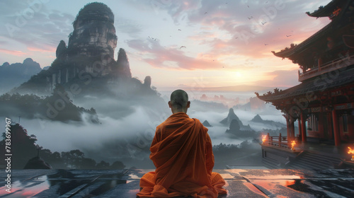 At sunrise, monk clad in orange robes peacefully meditate against the backdrop of a traditional mountain temple and misty, rolling hills. Resplendent. photo