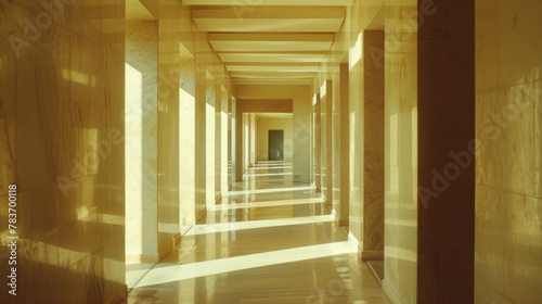 Soft lighting highlights the geometric patterns in a serene corridor  fostering a sense of calmness and self-reflection.