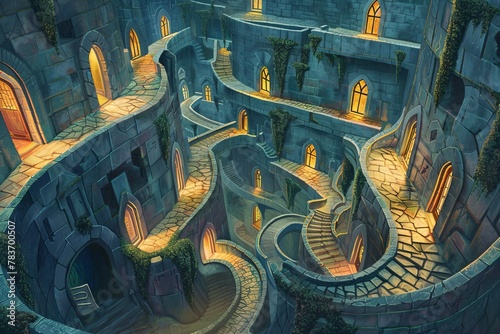 A mysterious labyrinth filled with twisting corridors and hidden treasures