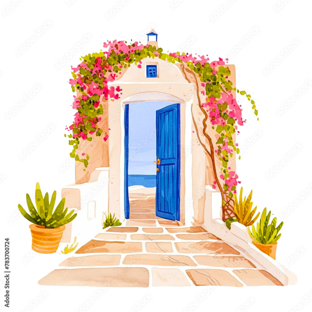 Fototapeta premium Watercolor wooden summer door entwined with flowers. Cute image suitable for cards, invitations, weddings, transparent png.
