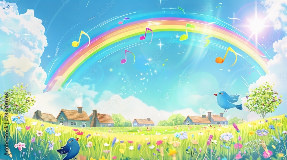 A cheerful rainbow arching over a blooming meadow with musical notes and joyful birds, encapsulating the essence of happiness, ideal for children's content