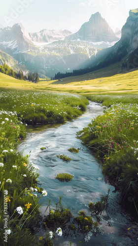 a stream crossing through meadow with wild flowers in a valley among the mountains