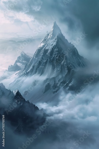 A mystical mountain peak shrouded in mist, rumored to be the home of powerful sorcerers and ancient dragons