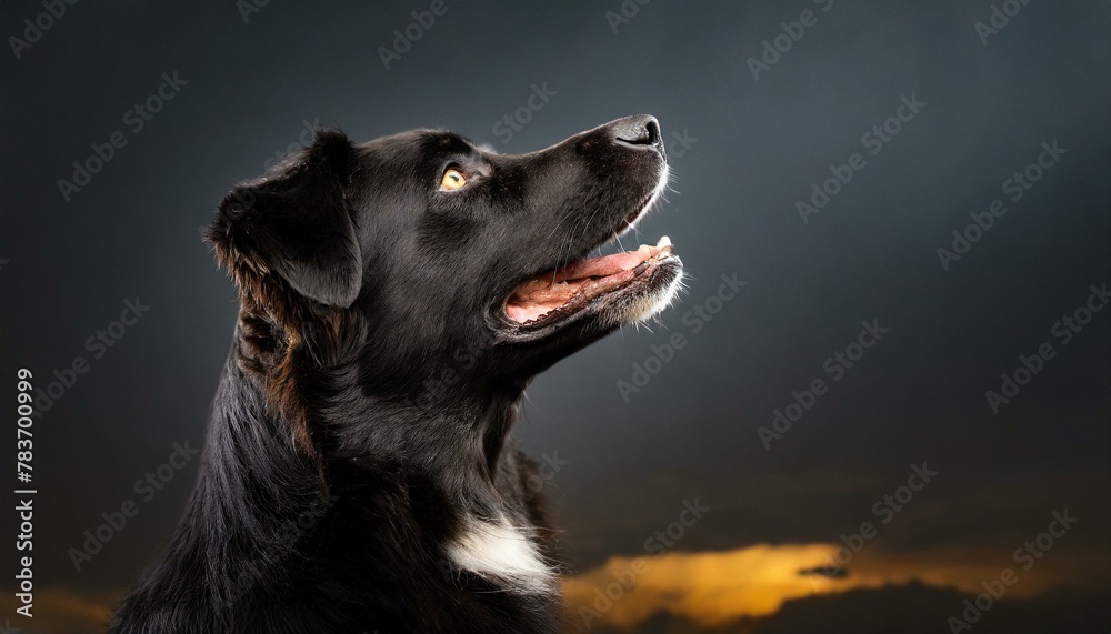 black dog profile portrait, head raised in a howling pose against a dark night sky, isolated on a black background 