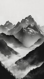 black and white image of mountain range with white fog