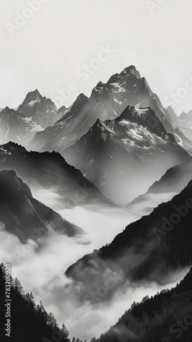 black and white image of mountain range with white fog