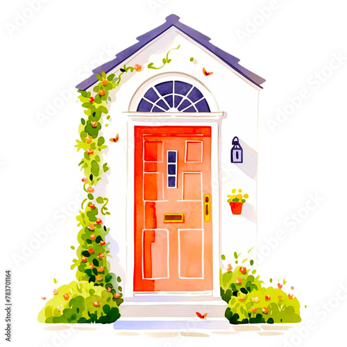 Watercolor wooden summer door entwined with flowers. Cute image suitable for cards, invitations, weddings, transparent png.