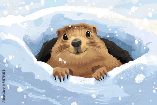 Cute groundhog peeking out of snow hole photo