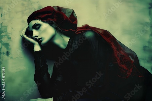 Elegant woman in black dress and red scarf leaning against wall with head on hand in thoughtful pose