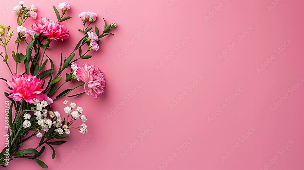 top view of  pink flowers on pink table