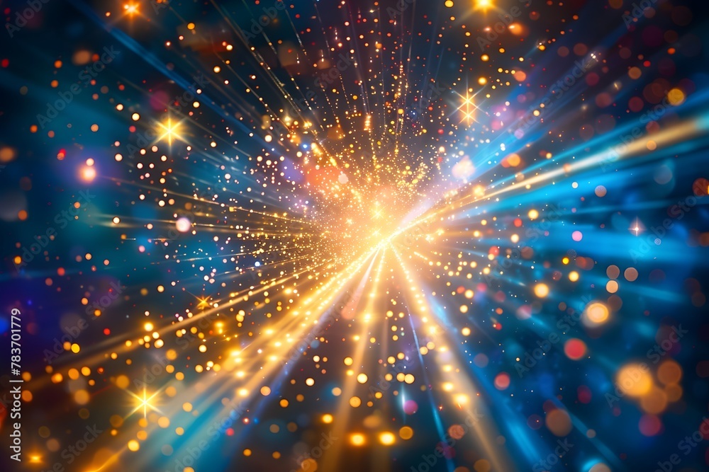 A bright light with many stars is shining through a dark blue background. The light is surrounded by a lot of colorful, glowing stars A bright light with many stars is shining through a dark blue background. The light is surrounded by a lot of colorful, glowing stars