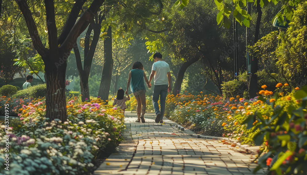 A woman and a child are walking through a park with a lot of flowers