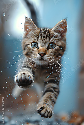 Tabby Kitten in Dynamic Leap with Water Droplets, Generative AI