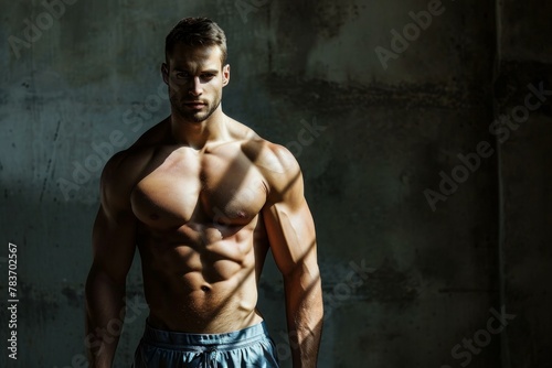 Athletic Muscular man. Muscle model chest. Generate Ai
