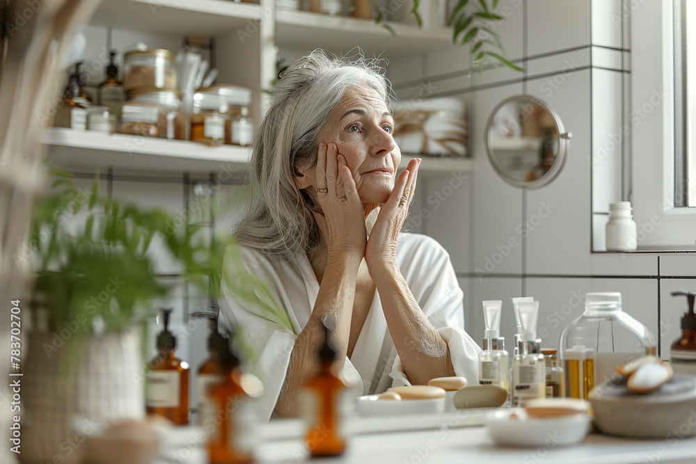 Adult woman taking care of her facial skin in a light-colored bathroom.Natural organic cosmetics,organic cosmetics,eco drkjlbny,self-care,wellness,mental health,organic cosmetics testhetics. Adult woman taking care of her facial skin in a light-colored bathroom.Natural organic cosmetics,organic cosmetics,eco drkjlbny,self-care,wellness,mental health,organic cosmetics testhetics.