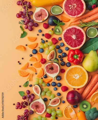 Border of Fresh Fruits and Vegetables on Yellow Background with Copy Space
