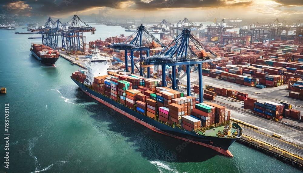 Naklejka premium detailed aerial view of an international trading supply chain seaport, showcasing containers being loaded onto cargo ships with cranes for business import-export freight transportation