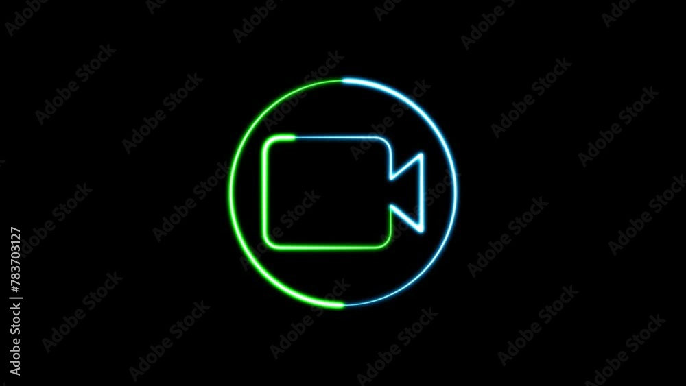 Neon glowing line video camera icon isolated on black background. Glowing neon camera icon animated background. Abstract symbol icon of digital camera. Neon glowing line video camera icon isolated on black background. Glowing neon camera icon animated background. Abstract symbol icon of digital camera.