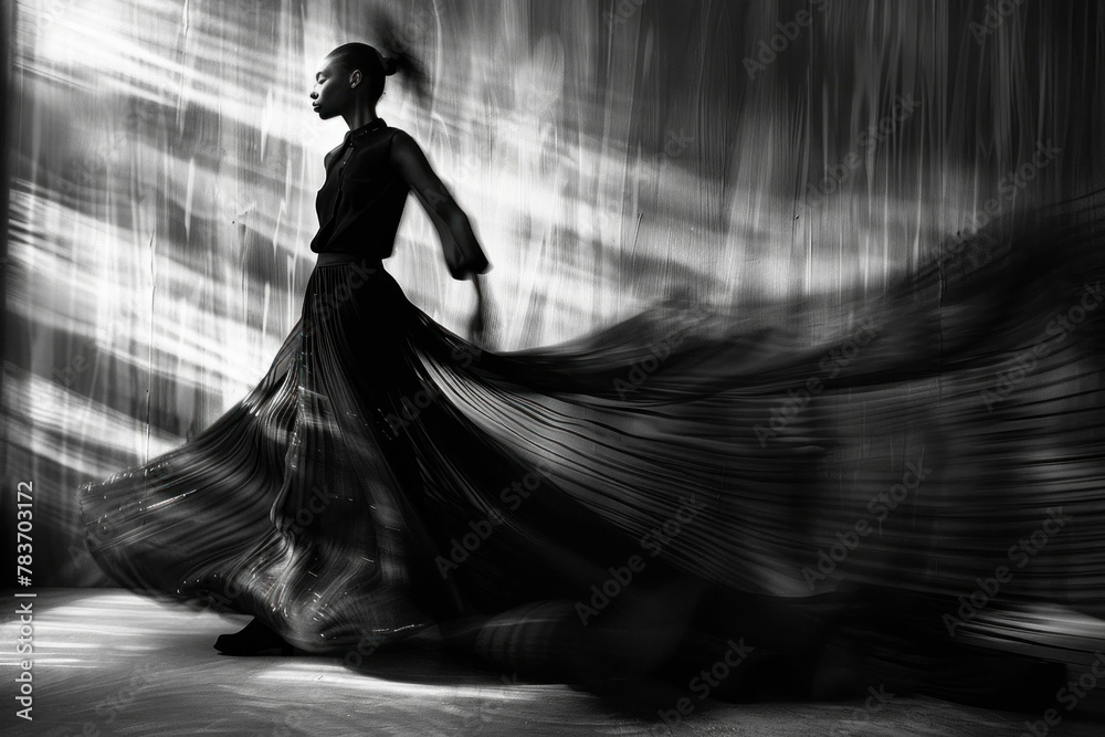Elegant woman in a flowing long dress captured in black and white for a timeless and classic image Elegant woman in a flowing long dress captured in black and white for a timeless and classic image