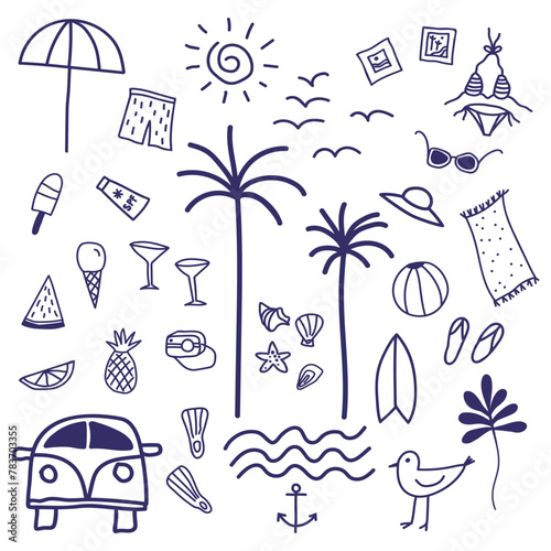 Marine vacation sketch doodle Hand drawn vector illustration card with palms, sun, swimwear, surfboard, ice cream, fruit, cocktail, travel bus, waves, sea equipment. Design for adventure, sea voyage