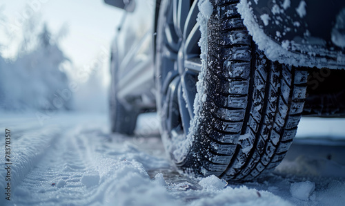 Professional close-up photo of a cars winter wheels in heavy deep snow road © RobertNyholm