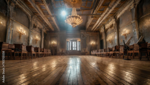 Opulent hall with wooden floors, ornate ceilings, and rows of chairs illuminated by warm, inviting light photo