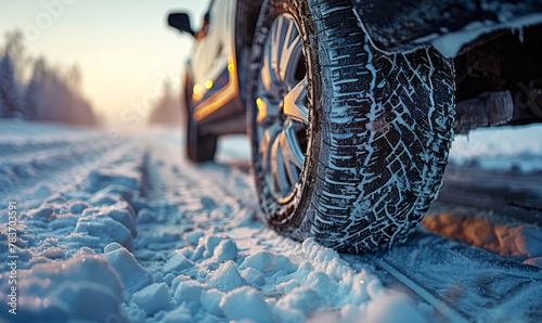 Professional close-up photo of a cars winter wheels in heavy deep snow road
