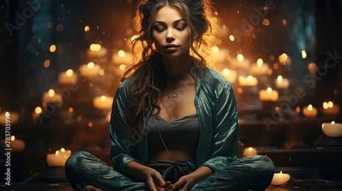 Portrait of a beautiful young woman sitting on the floor and meditating.