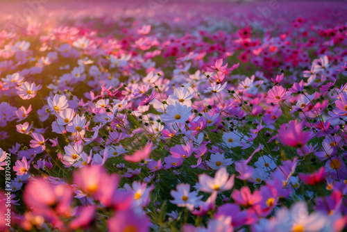 Capture the ethereal beauty of a cosmos flower field in full bloom.  