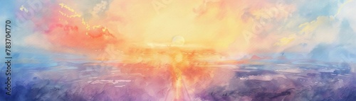 Repentance path to heaven, watercolor sunrise, peaceful transition, gentle colors, diffuse light