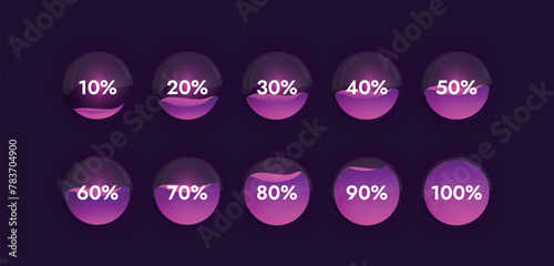 Glass spheres with reflections on a dark background with a bright liquid inside show progress from 10 to 100 percent depending on how full the sphere is.