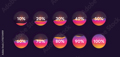 Glass spheres with reflections on a dark background with a bright liquid inside show progress from 10 to 100 percent depending on how full the sphere is.