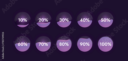 Glass spheres with reflections on a dark background with a bright liquid inside show progress from 10 to 100 percent depending on how full the sphere is.