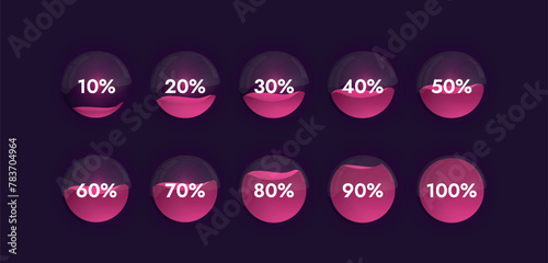 Glass spheres with reflections on a dark background with a bright liquid inside show progress from 10 to 100 percent depending on how full the sphere is.
