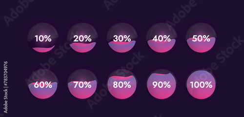 Glass spheres with reflections on a dark background with a bright liquid inside show progress from 10 to 100 percent depending on how full the sphere is.